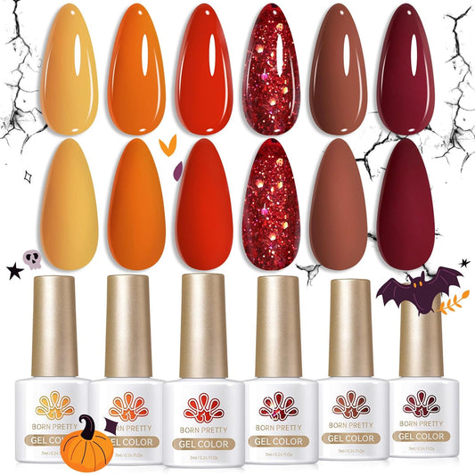 Born Pretty Fall Winter Gel Nail Polish Pumpkin Caramel Orange Brown Red Shimmer Sparkle Halloween Gel Polish Nail Art Manicure DIY Christams Gift Collection 6PCS
