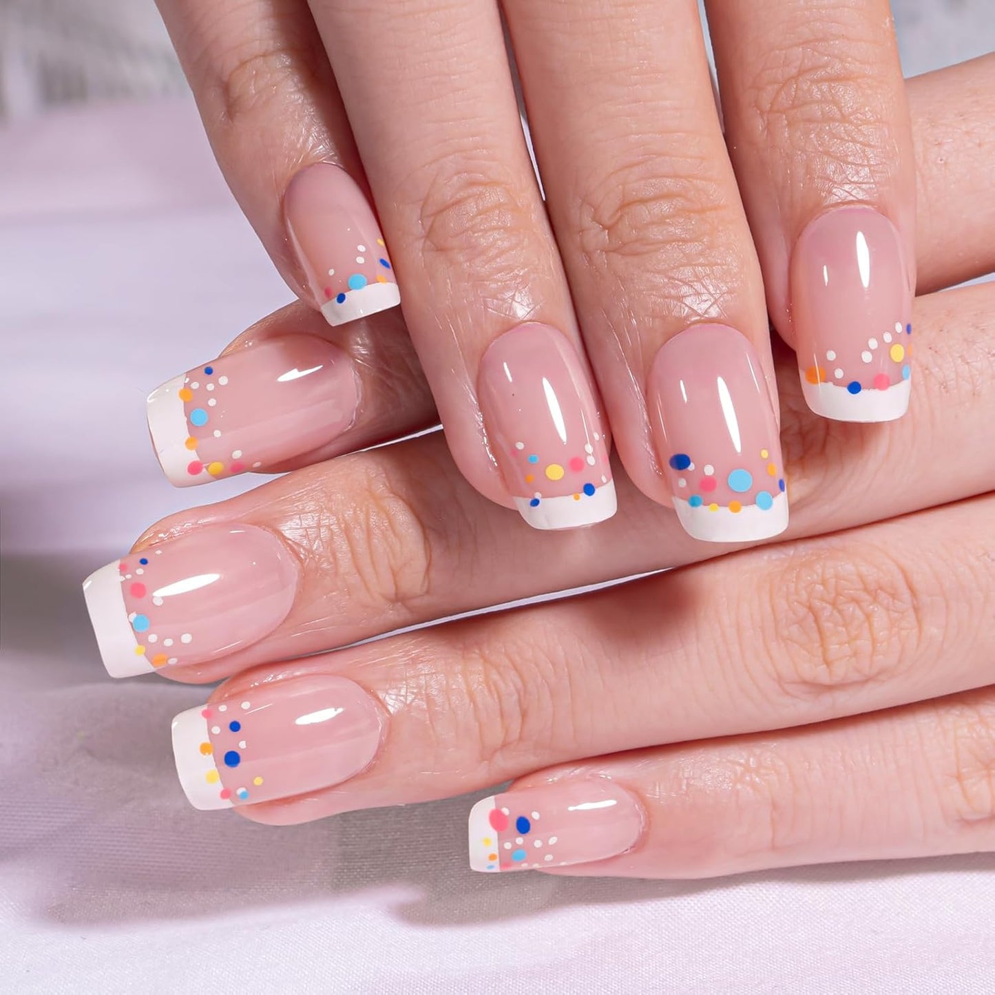 Curvlife Press On Nails Kit - Candy French Square Medium Full Cover False Nail Tips with Trendy Designs, Reusable & Glue Included - Easy Application Nail Accessories for Women