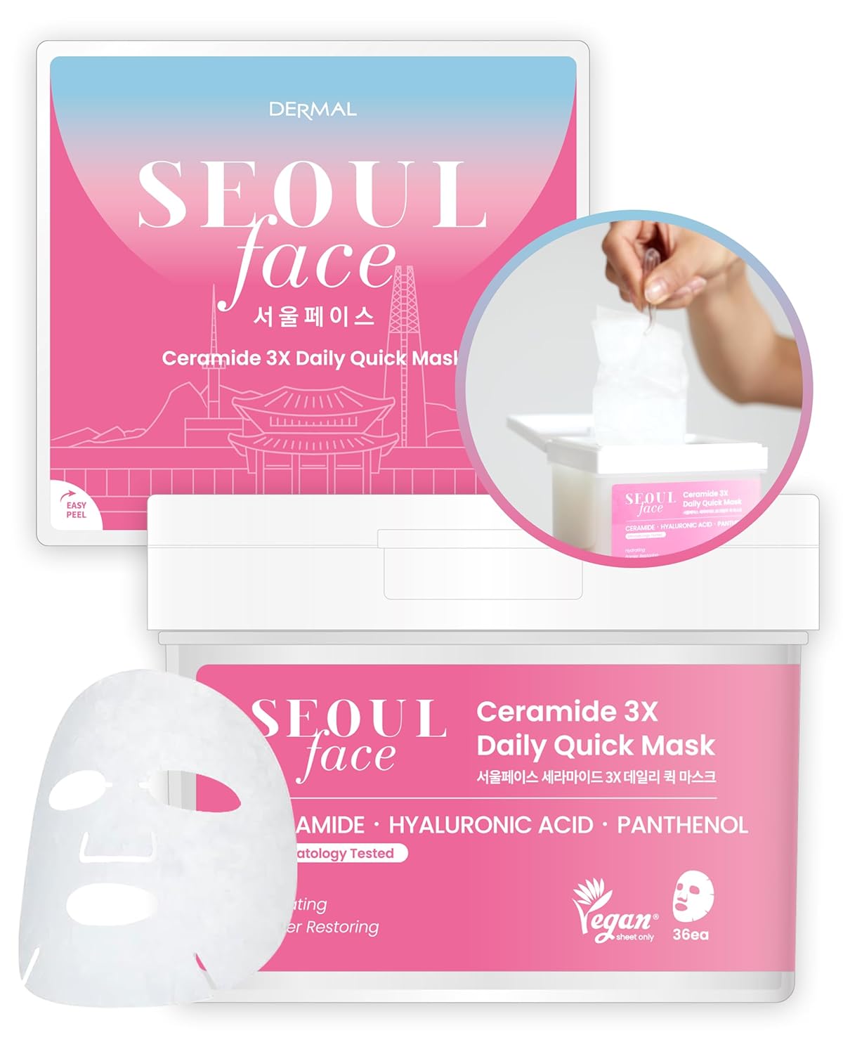 DERMAL Seoul Face Ceramide 3X Daily Quick Mask 36 Sheet – Korean Skincare Vegan Tencel Facial Masks - Intensive Moisturizing, Elasticity Mask Sheets with Hyaluronic Acid, Panthenol, Adenosine