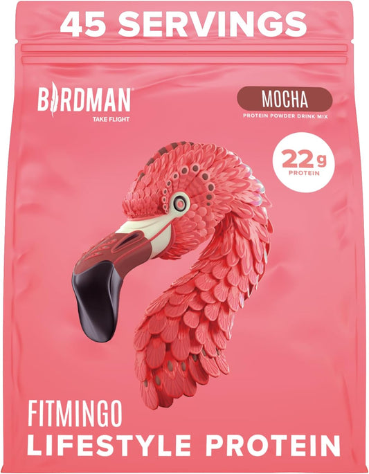 BIRDMAN Fitmingo Vegan Protein Powder with Inositol, Collagen Boosters, Hyaluronic Acid and Vitamins | Low Carb, Dairy Free, Low Calorie | 22g Plant Based Mocha Protein Powder with Myo-Inositol