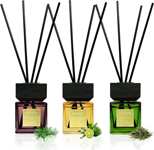 Reed Diffuser Set of 3, White Birch Cedar & Oud Bergamot & Green Tea Tree Essential Oil, 15 Diffuser Sticks, Hotel Collection Bathroom Air Fresheners, 50ml Home Fragrance for Room Decor