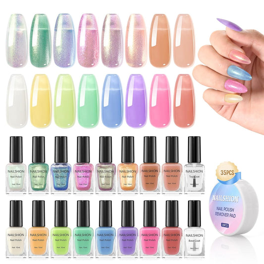 Nail Polish Set, Glitter Holographic Nude Peach Pink Shimmer Shades 16 Colors Nail Lacquer with Clear Base Top Coat & Remover Pads, Hema-free, Air Dry Non Gel