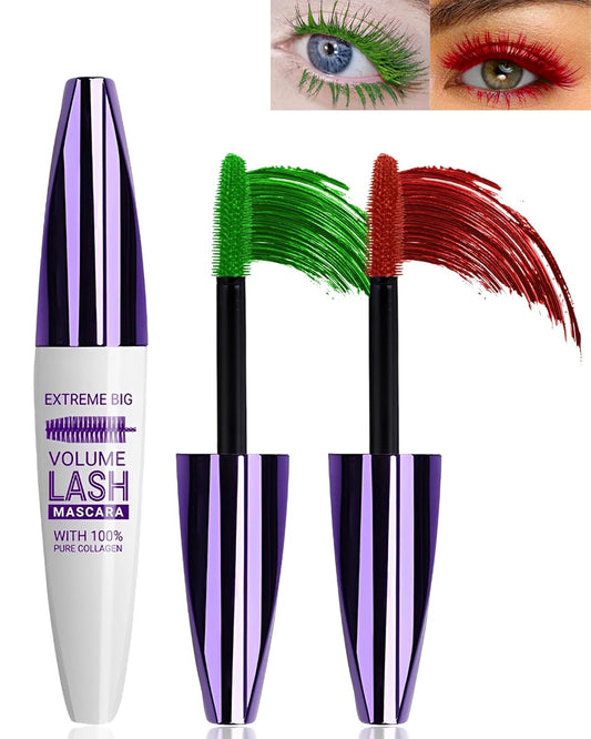 5D Green Red Mascara for Eyelashes,Longlasting Waterproof Smudge-Proof Colored Mascara Volume and Length, Volumizing Curling Fiber rimel de pestañas, Cosplay Party Stage Eye Makeup for Women Girl
