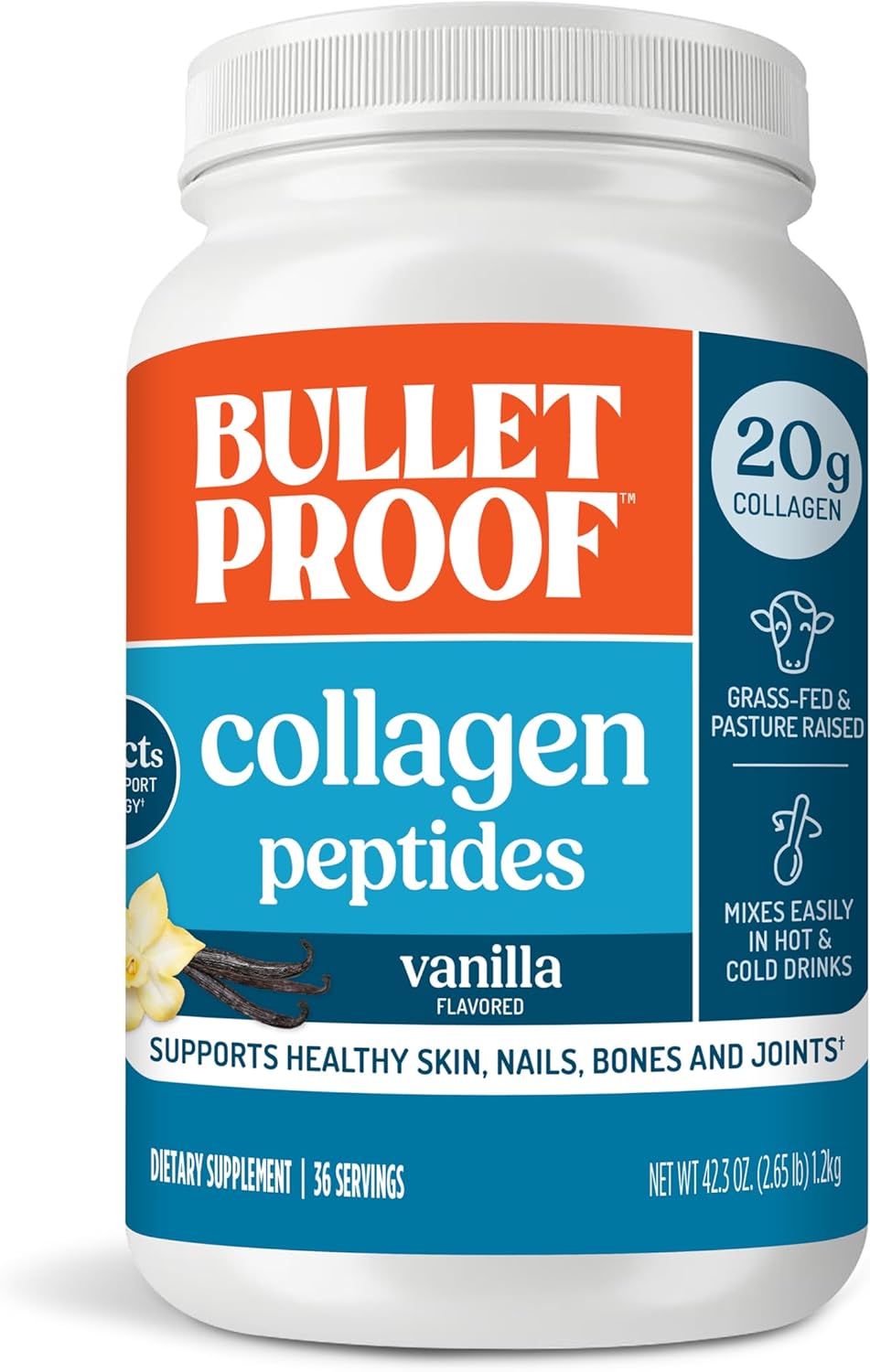 Bulletproof Vanilla Collagen Protein Powder with MCT Oil, 19g Protein, 42.3 Oz, Value Size, Collagen Peptides and Amino Acids for Healthy Skin, Bones and Joints