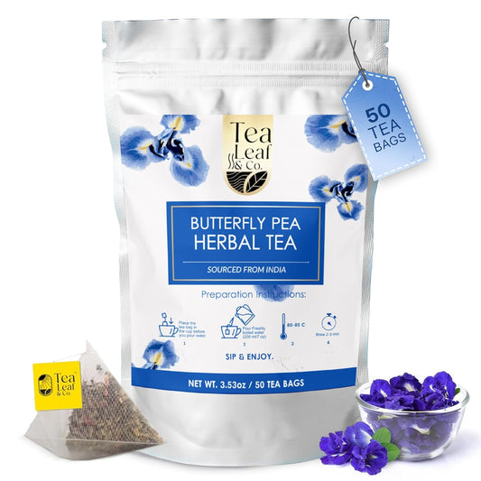 Tealeaf & Co. Butterfly Pea Herbal Tea Bags Blended with Fresh Herbs - Herbal Tea with Butterfly Pea Flower - Contains Low Caffeine - Gluten Free - 50Teabags (3.52oz/100gm)