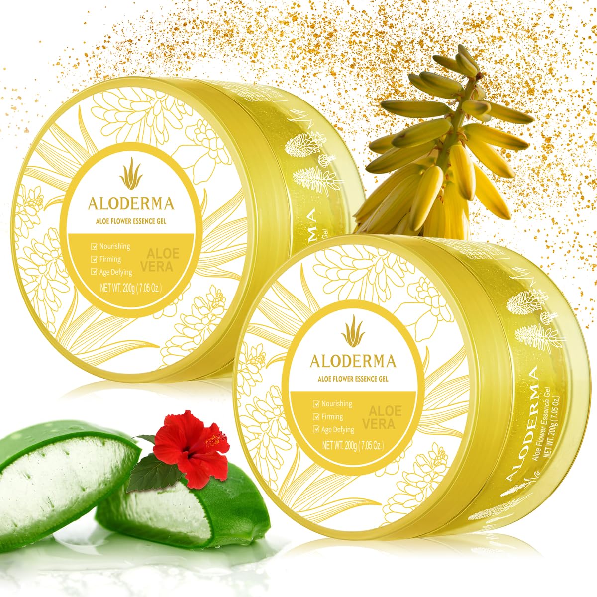 Aloderma Age-Defying Aloe Flower Essence Gel with 24K Gold Leaf, Made within 12 Hours of Harvest - Luxurious Aloe Gel with Allantoin & Hyaluronic Acid for a Shimmering, Youthful Complexion, 7oz 2-Pack