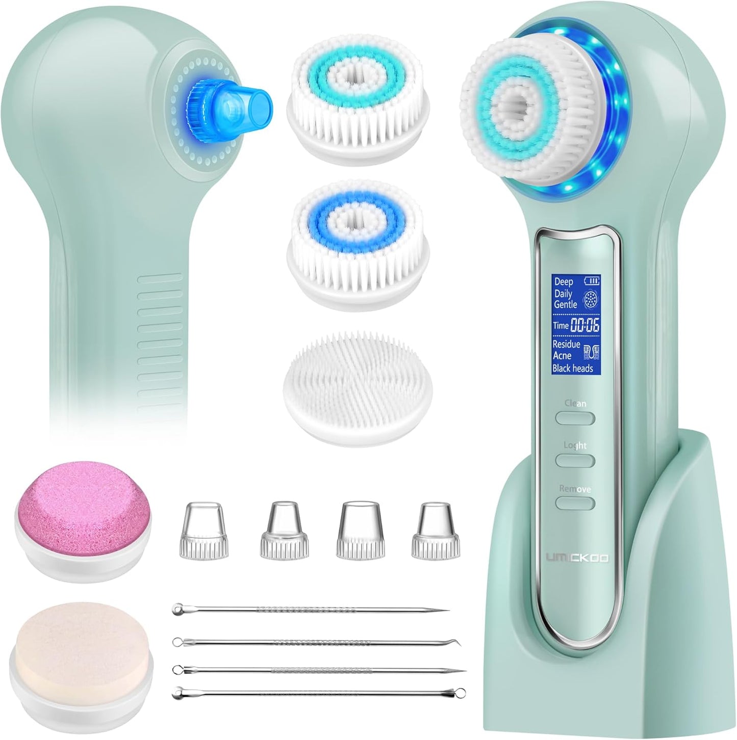 Face Scrubber Exfoliator,Facial Cleansing Brush Waterproof with LCD Screen,Blackhead Remover Vacuum with 5 Brush Heads,Face Spin Brush for Exfoliating (Green)