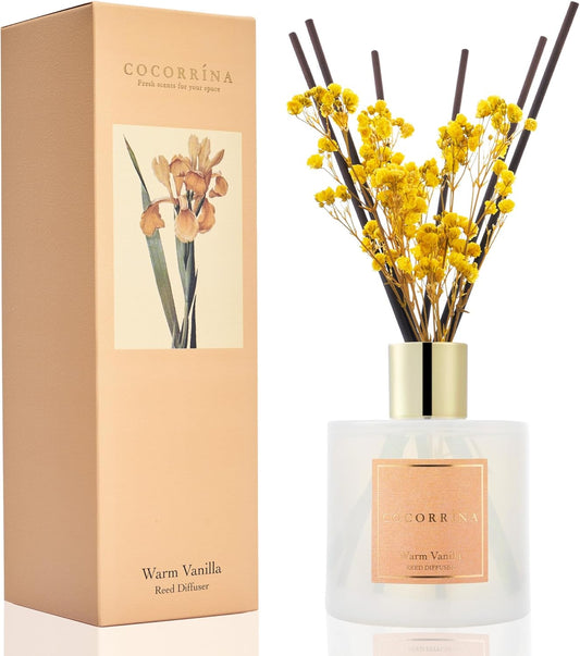 Cocorrína Reed Diffuser - Warm Vanilla Scented Diffuser with 8 Sticks Home Fragrance Reed Diffuser for Bathroom Shelf Decor