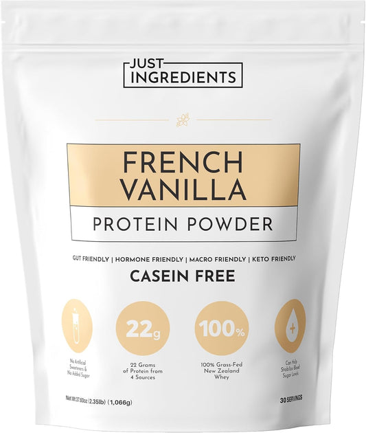 JUST INGREDIENTS French Vanilla Protein Powder – 30 Serving Bag – Grass-Fed Whey & Plant Protein Blend with Real Vanilla Bean – Sweetened with Coconut Sugar & Monk Fruit, Non-GMO, Gluten-Free