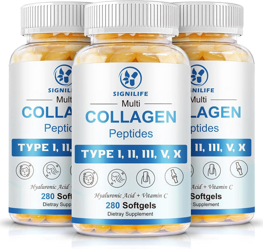 Multi Collagen Peptides for Women & Men, Hydrolyzed Collagen Peptides-Type I, II, III, V, X - with Hyaluronic Acid,Vitamin C,Biotin,Supports Skin Hair Nail, Non-GMO,840 Softgels