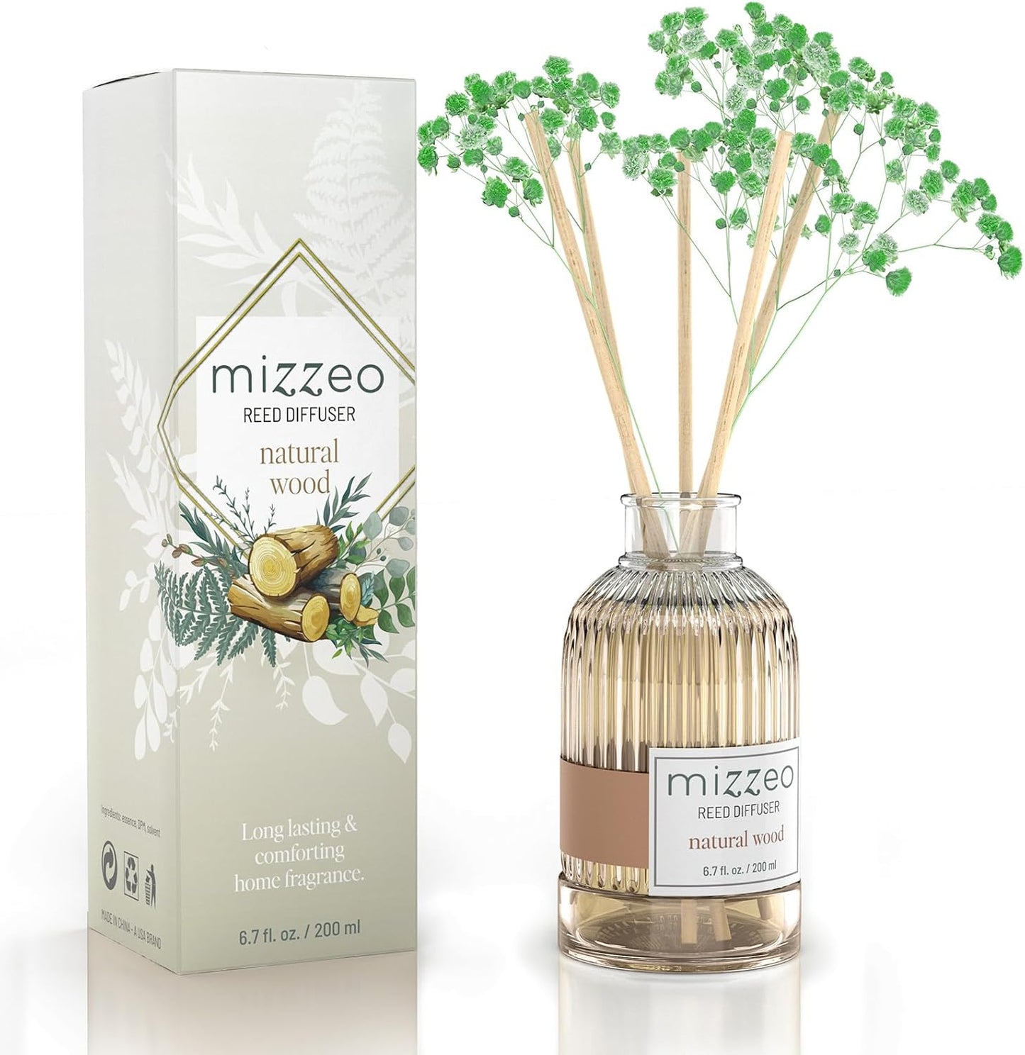 MIZZEO Reed Diffuser Set, Natural Wood 6.76 fl oz Highly Scented Room Diffuser Home Fragrance Essential Oil Reed Flower Diffuser, House Bedroom Office Decor & Gifts