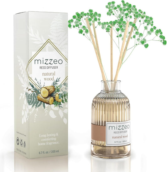 MIZZEO Reed Diffuser Set, Natural Wood 6.76 fl oz Highly Scented Room Diffuser Home Fragrance Essential Oil Reed Flower Diffuser, House Bedroom Office Decor & Gifts