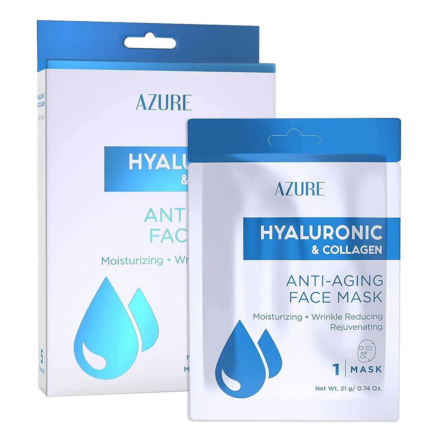 Azure Cosmetics Hyaluronic Acid & Collagen Anti Aging Sheet Facial Mask - Rejuvenating & Moisturizing Face - Helps Reduce Fine Lines & Wrinkles, Tightens & Smooths - Made in Korea - Pack of 5