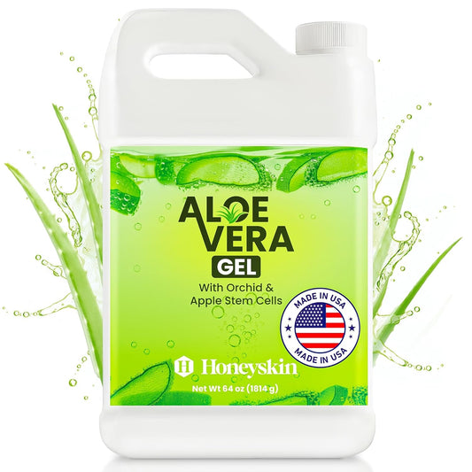 Organic Aloe Vera Gel - 100% Pure for Skin, Sunburn Relief & Face Moisturizer - Extracted from Aloe Vera Plant with Manuka Honey, Orchid & Apple Stem Cells - Everyday Use - 64 fl oz