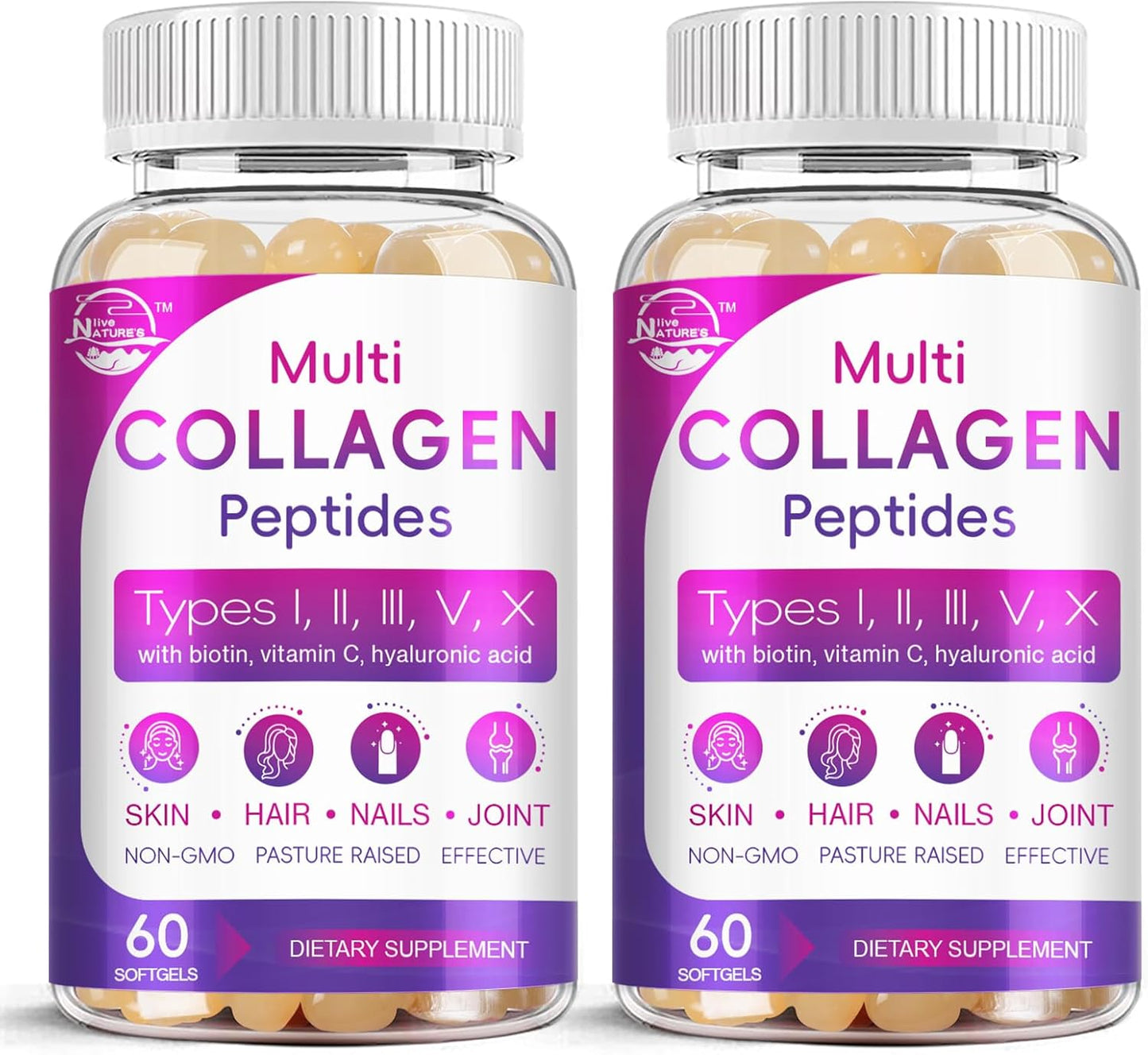 Multi Collagen Peptides Softgel - Type I, II, III, V, X - Hydrolyzed Collagen Peptides with Biotin, Vitamin C, Hyaluronic Acid, Supports Skin Hair Nail, Grass-Fed, Non-GMO, 60 Softgel, 2 Pack