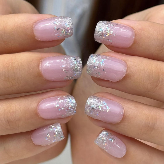 Curvlife Soft Gel Press on Nails, Short Square Shining French Nail Tips, 30pcs Full Cover Design Reusable Fake Nails Kit with Glue and Adhesive Tabs