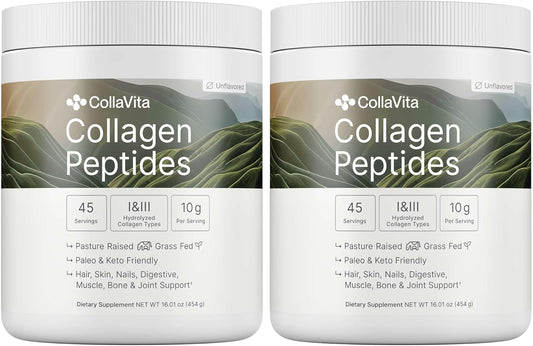 Collagen Peptides Powder Grass-Fed Pasture-Raised Hydrolyzed Collagen Powder, Type I & III Hair, Nails, Skin and Joints, Non-GMO, Paleo & Keto, Unflavored, 16 Fl oz. 2 Pack, 45 Servings