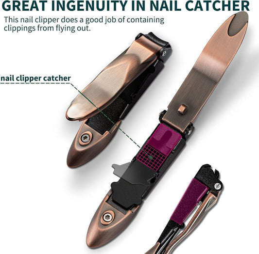 Premium Quality Large Sharp Heavy Duty biomimetic Stainless Steel Anti-Splash Self-Collecting Anti Splash Nail Clippers Set with Catcher and Nano Glass Nail File (Bronze, 2 Pieces Set)