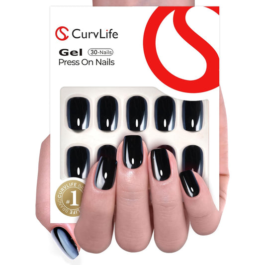Curvlife Soft Gel Press On Nails Kit - 30pcs Full Cover False Medium Mirror Black High-Shine Chrome Nail Tips Designs, Fake Nail with Nail Glue - Easy Application Nail Accessories for Women
