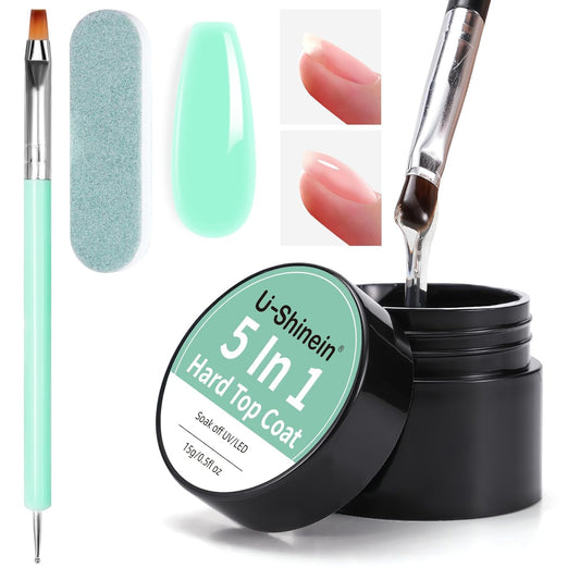 5 in 1 Non Sticky Builder Top Coat Gel, Clear, Glossy, Gel, Nail Polish, Includes Hard Top Coat Gel, Nail Art Brush, Nail File