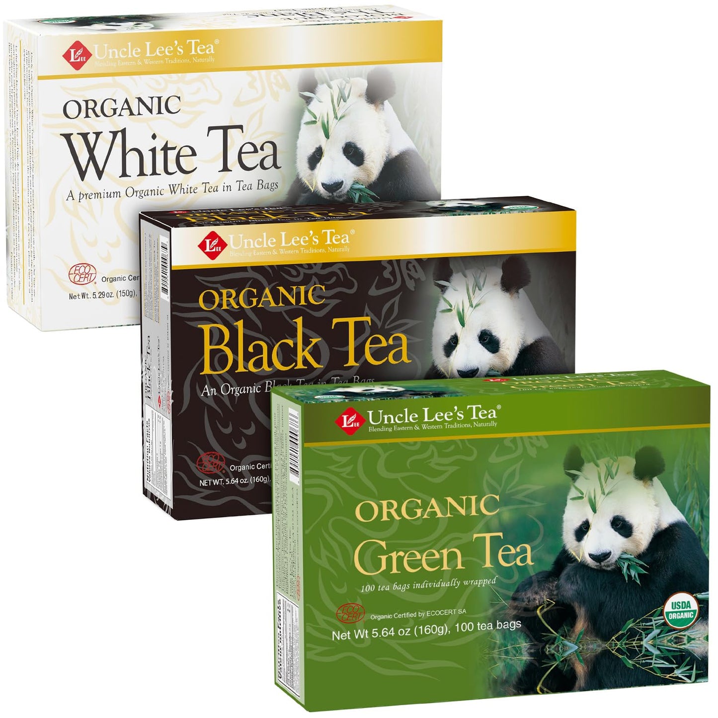 Uncle Lee's Organic White, Black, and Green Tea Variety 3-Pack – Premium Organic Tea, Smooth, Bold, and Refreshing, Delicious Hot or Iced, 100 Count Ea