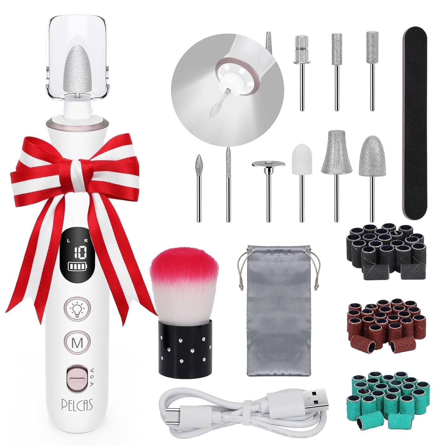 PELCAS Electric Nail File, 10 Speeds Cordless Nail Drill with LED Light, Portable Manicure and Pedicure Kit, Nail Grinder with LCD Screen For Human, Pet, Thick Toenails, Natural & Acrylic Nails