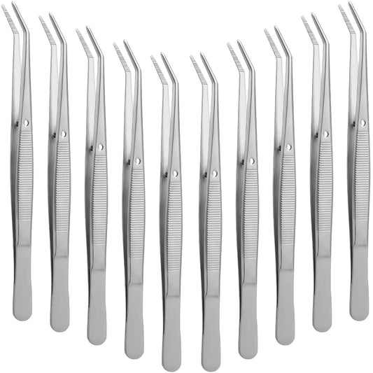Honoson 10 Pcs Stainless Steel Tweezers for Crafting with Curved Serrated Tip Multipurpose Forceps Sewing Machine Tweezers Bulk (Silver)