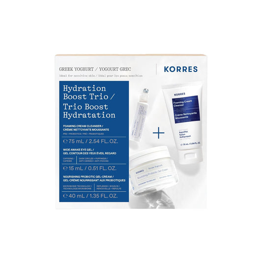 KORRES Greek Yoghurt Hydration Boost Trio Set, 3-Step Skin Care Kit with Foaming Cream Cleanser, Eye Gel & Probiotic Gel Cream, Pre & Probiotics for Balanced Hydration, Clean Beauty, 3 Piece Set