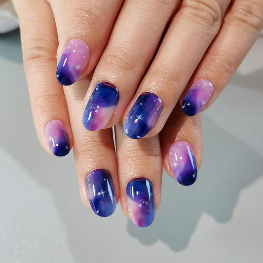 Curvlife Soft Gel Press On Nails Kit - 30pcs Galaxy Purple Full Cover False Nail Tips Designs, Fake Nail with Nail Glue - Easy Application Nail Accessories for Women