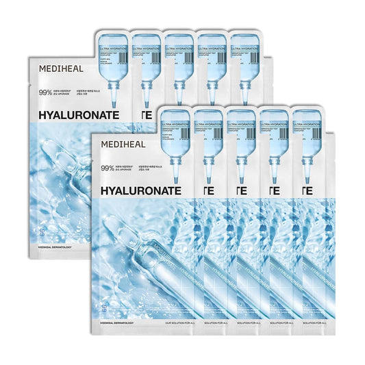 Mediheal Hyaluronate Essential Mask 10 pcs. 99% Pure Low Molecular Hyaluronate for deep hydration - enhancing moisture barrier, long-lasting moisturization, smooth skin texture with ultra hydration