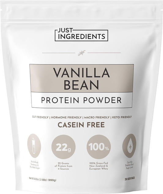 JUST INGREDIENTS Vanilla Bean Protein Powder – 30-Serving Blend with 100% Grass-Fed Whey & Organic Plant Proteins – Real Vanilla Bean & Cinnamon – Supports Muscle Recovery, Energy*
