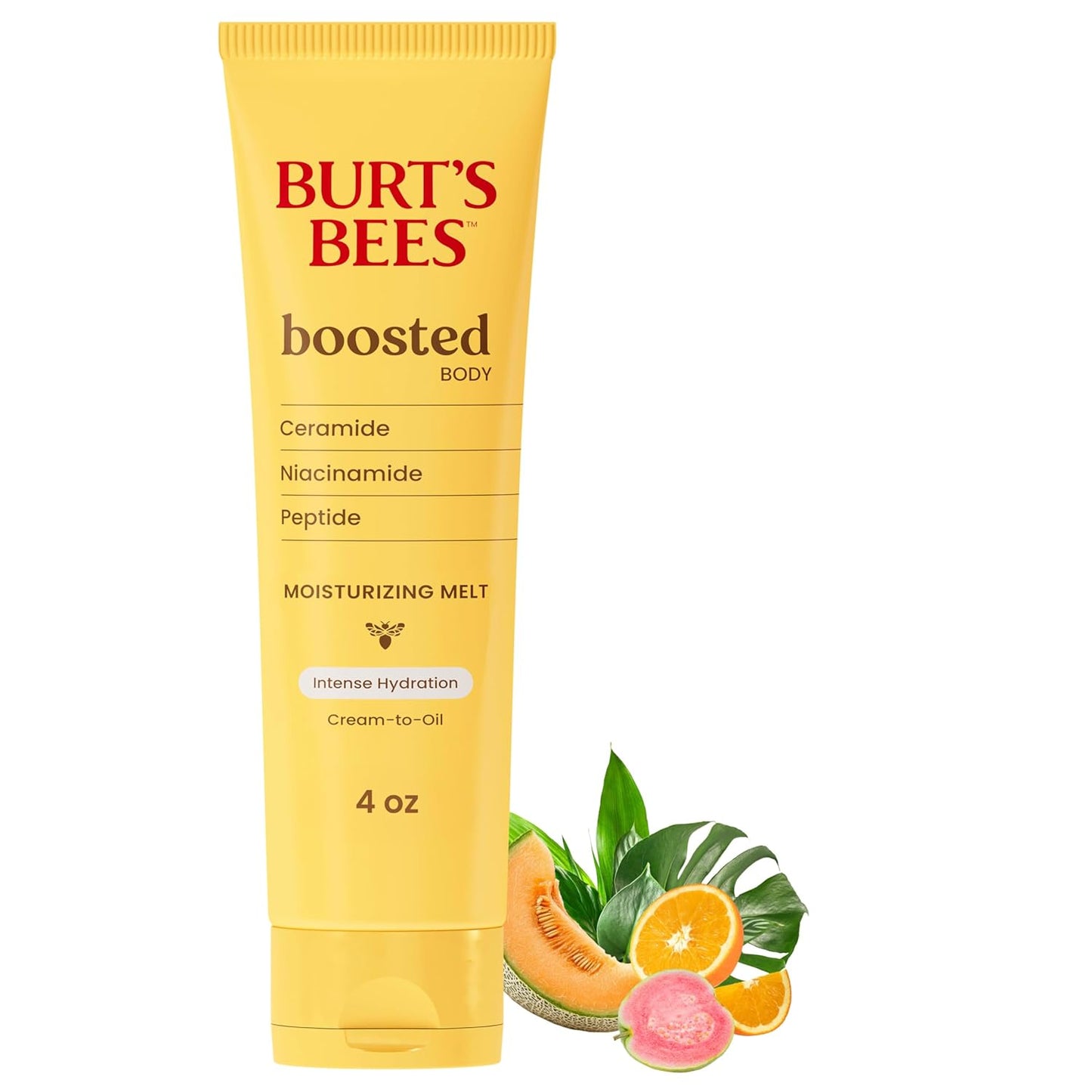 Burt's Bees Christmas Gifts, Boosted Body Moisturizing Melt With a Ceramide, Niacinamide and Peptide Complex, Intense Skin Hydration, Cream-to-Oil Body Lotion, Tropical Scented, 4 oz. Tube