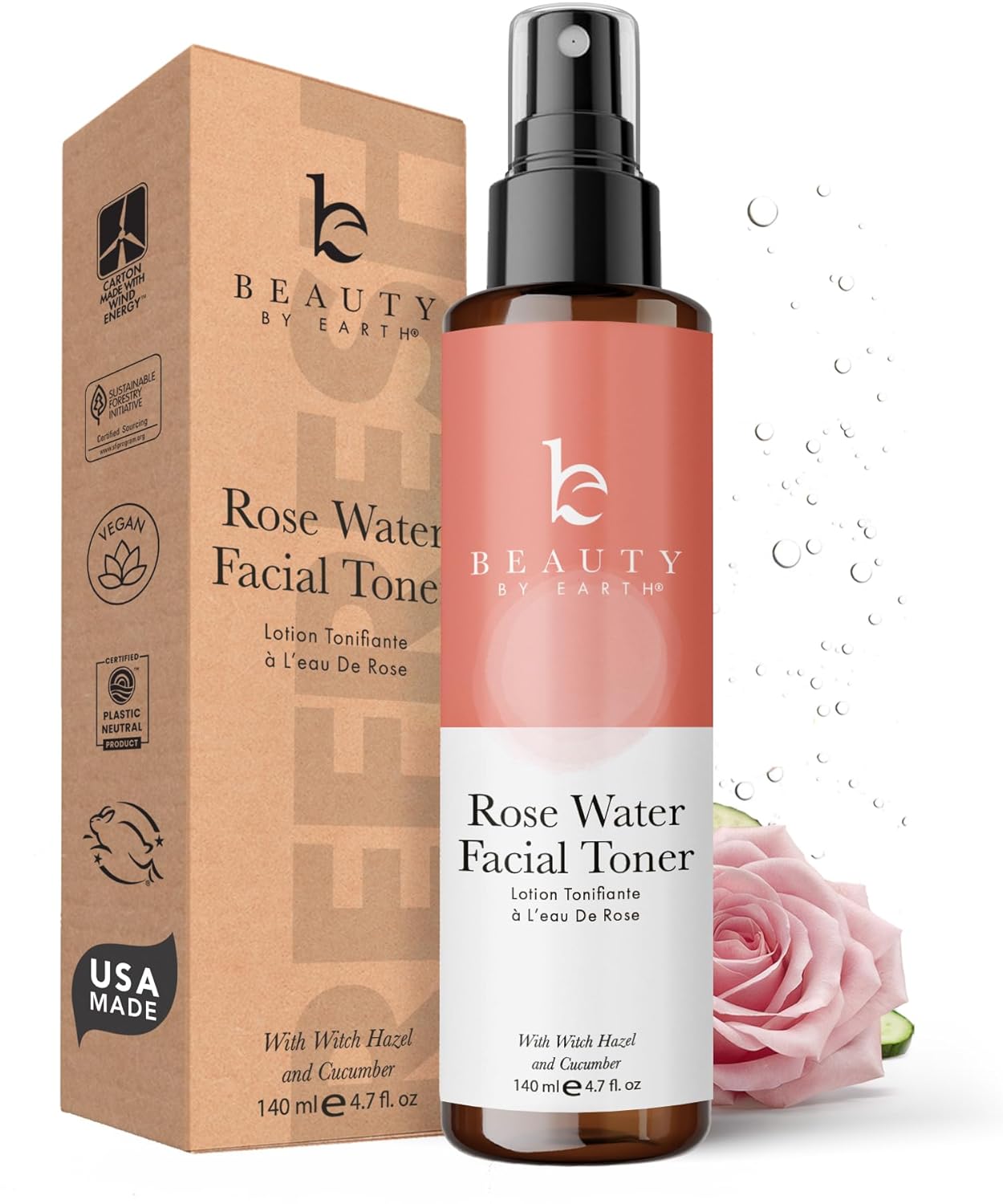 Rose Water Spray for Face - USA Made with Hydrating Natural & Organic Ingredients for Glowing Skin, Alcohol-Free Rosewater Toner Mist with Witch Hazel & Glycerin for Dry and Sensitive Skin