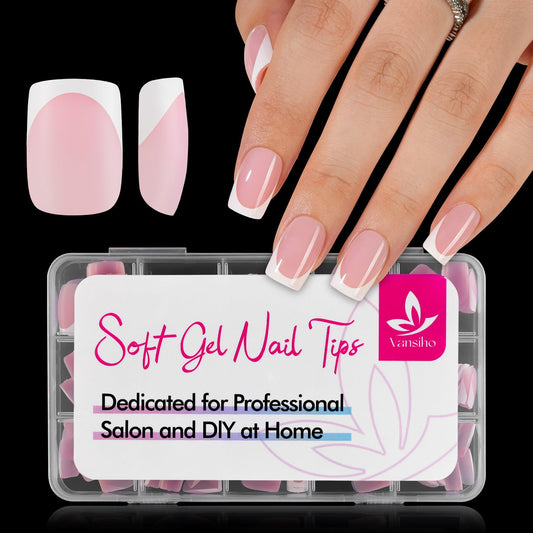 Vansiho Pink French Gel Nail Tips, Short Square Soft Gel Nail Tips, French Tips Press on Nails, 150 Pcs Box of DIY False Nails, 15 Sizes