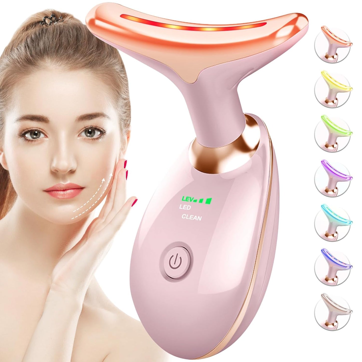 Red-Light-Therapy-for-Face-and-Neck, 7 Color Face Massager Tool for Wrinkles, Double Chin, Vibrating Facial Massager with Thermals for Skin Care, Glossy Pink