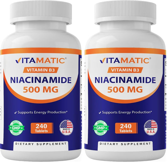 Vitamatic Niacinamide 500 mg 240 Tablets - Flush Free Vitamin B3 - Supports Energy Production (Pack of 2)