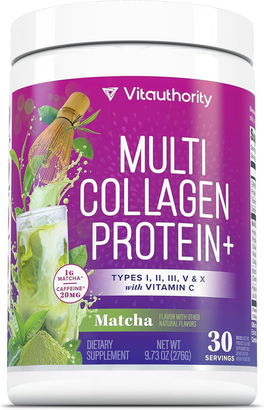 Muti Collagen Protein Powder Multi Collagen Peptides Powder for Women -Types I II III V & X Vitamin C & Hyaluronic Acid for Hair Skin and Nails Matcha Flavored - 30 Servings