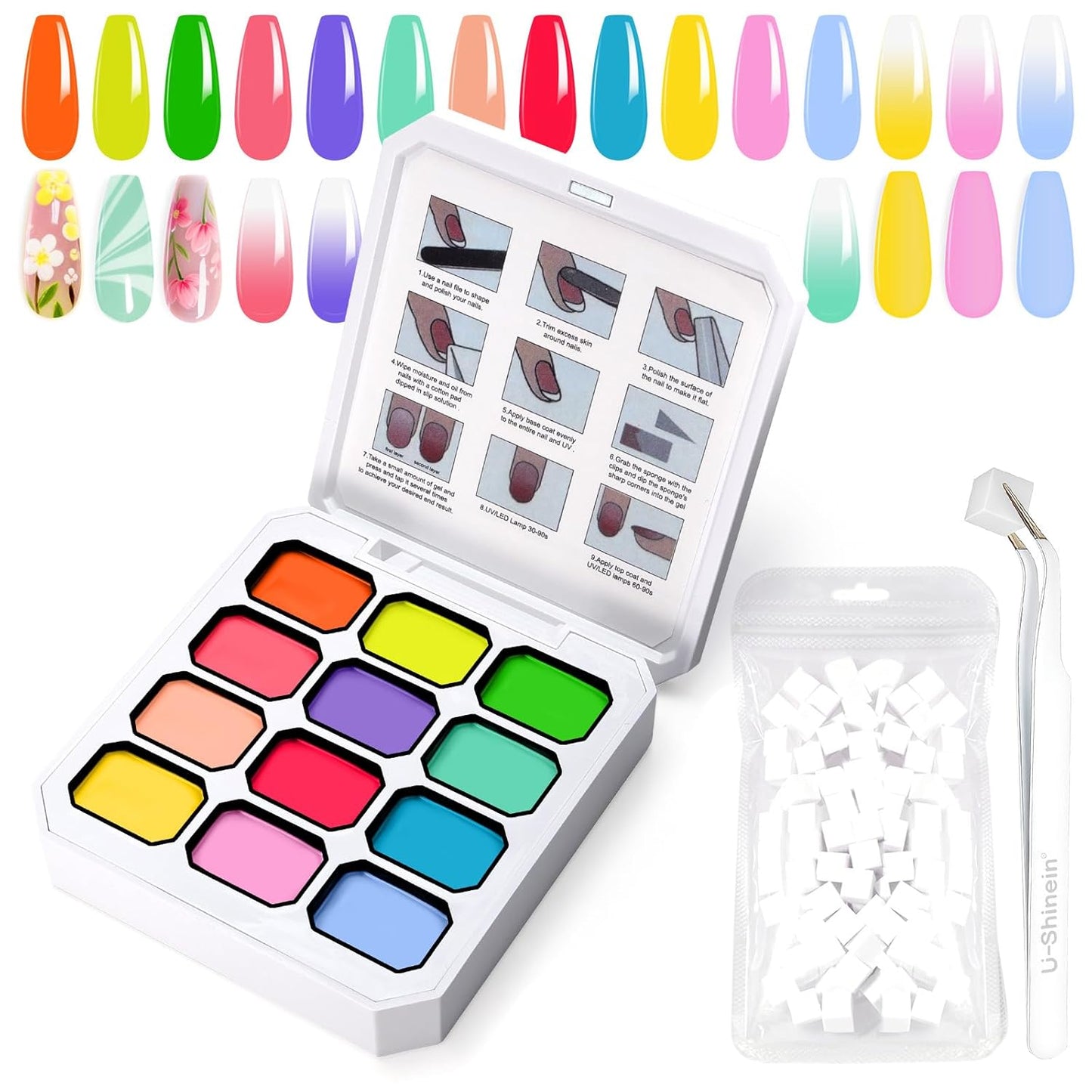 Gradient Painting Gel, 12 Colors Ombre Gel Nail Polish with 100Pcs Nail Sponges &Tweezers for Pigment Pat Aura Nails French Manicure Soak Off UV Long-lasting Set Palette Chroma Carnival