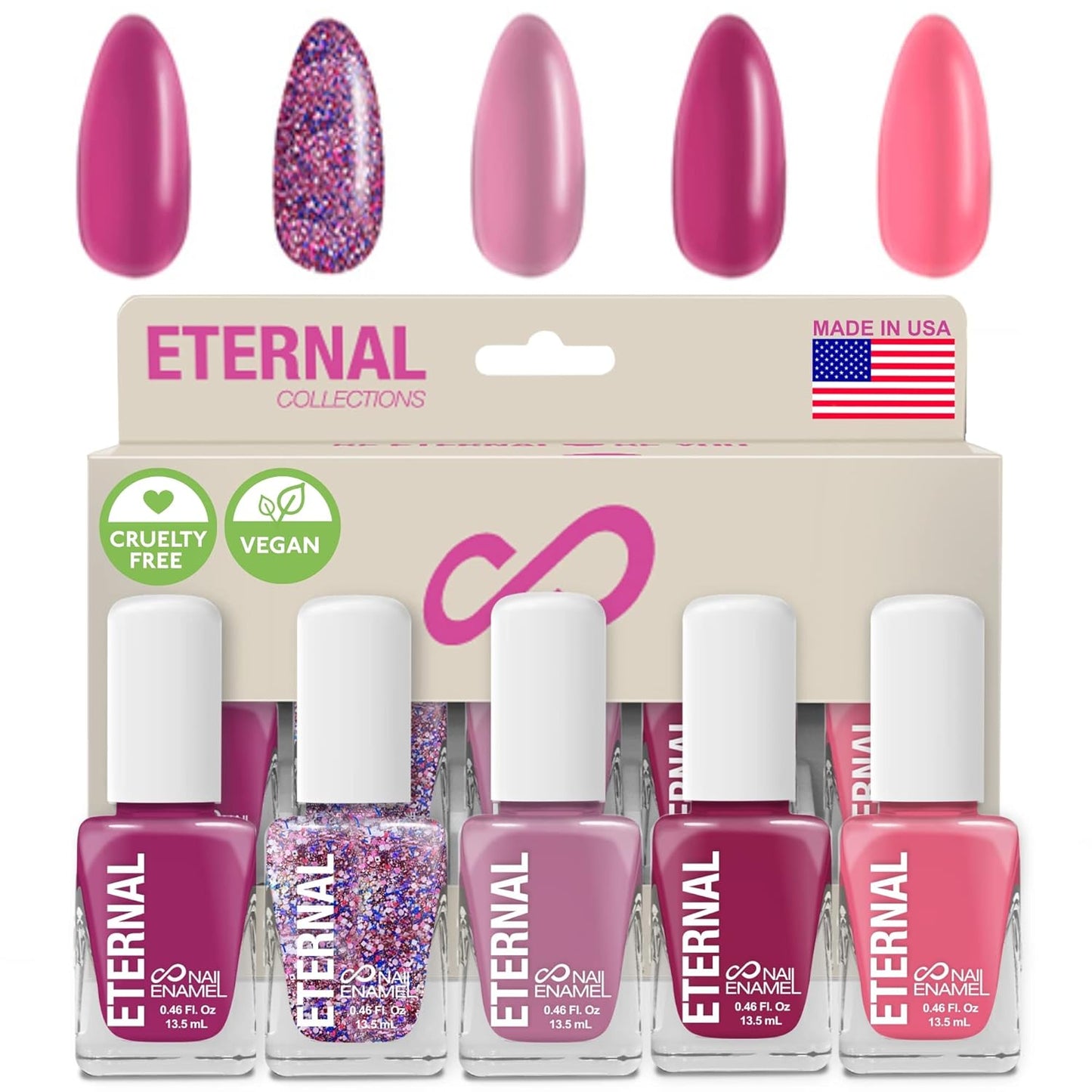 Eternal Glitter Nail Polish Set for Women (PINKFETTI) - Hot Pink Nail Polish Set for Girls | Long Lasting & Quick Dry Natural Nail Polish Kit for Home DIY Mani Pedi | Made in USA, 13.5mL (Set of 5)