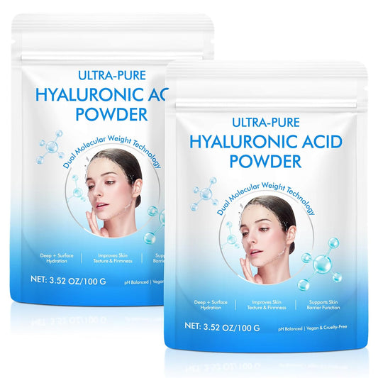 Hyaluronic Acid Powder - 2 Pack Multi-Level Hydration Support, Improves Skin Texture, Supports Healthy Skin Barrier, Natural Multi-Use DIY Facial Serum 3.52 Oz