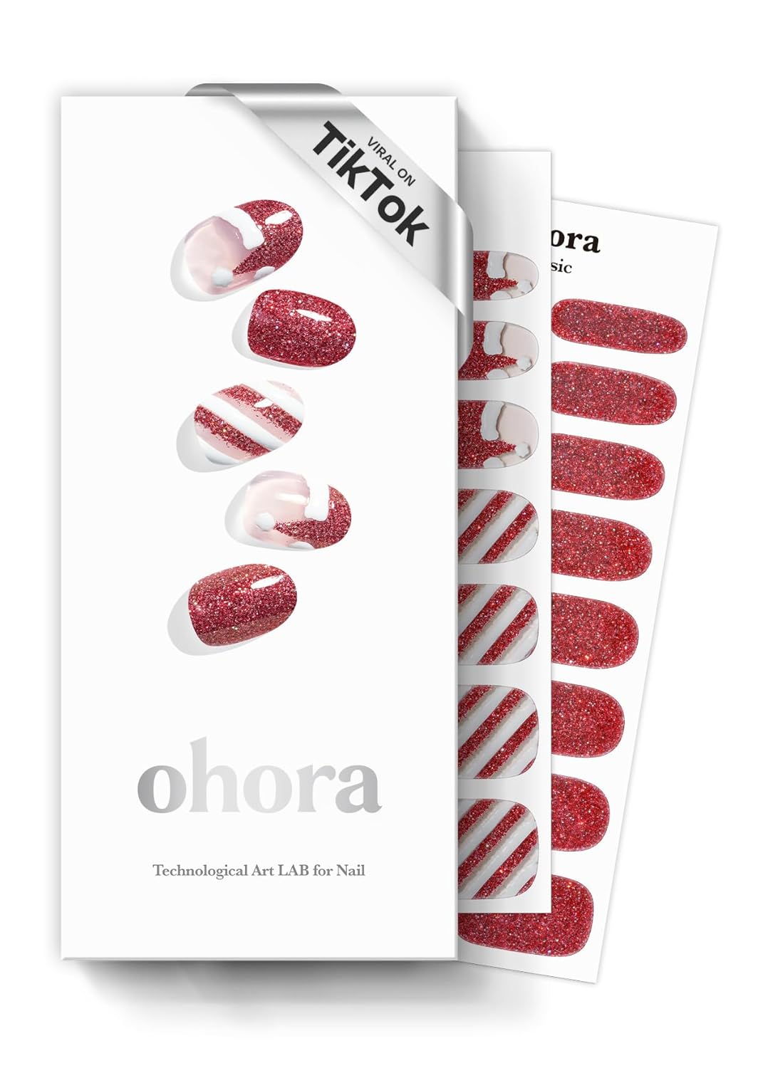 ohora Semi Cured Gel Nail Strips (N Santa Cane) - Red/White, Works with Any UV/LED Lamps, Salon-Quality, Long Lasting, Easy to Apply & Remove - Includes 2 Prep Pads, Nail File & Wooden Stick