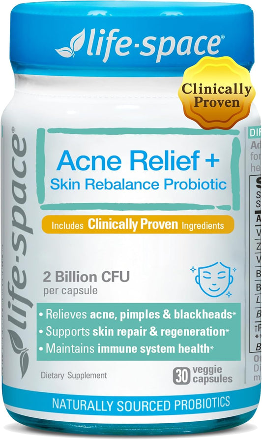 Life-Space Acne Relief + Skin Rebalance Probiotic, 6-in-1 Scientific Formula & 2 Billion CFU, Support Breakout Control & Skin Health & Gut Health, Probiotics for Women & Men, 30 Vegetarian Count