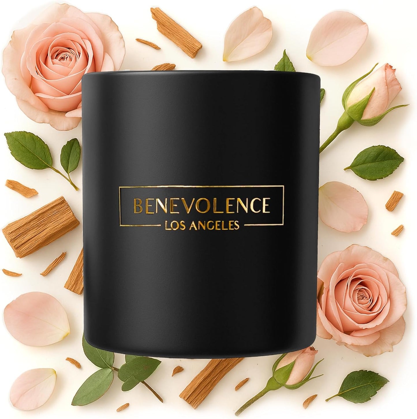 Benevolence LA Rose & Sandalwood Scented Candle | Soy Candles, Black Candle for Home | Gifts for Women and Men | Home Fragrance | Aromatherapy | 8oz, 45 Hour Burn