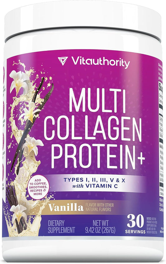 Multi Collagen Peptides Powder for Women - Hydrolyzed Collagen Powder for Women with Types I II III Plus Vitamin C & Hyaluronic Acid for Beautiful Hair Skin and Nails 30 Servings Vanilla Flavored
