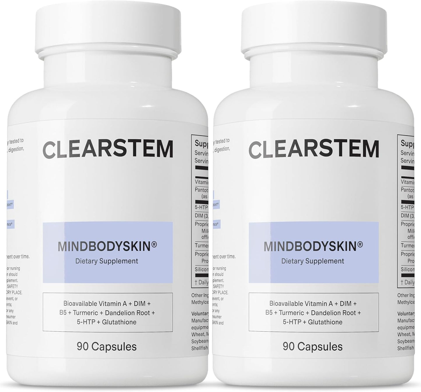 CLEARSTEM - MINDBODYSKIN Hormonal Acne Supplement (5-HTP) - Natural DIM Supplement - Skin Care Vitamins - Hormone Balance, Antioxidants - Gluten Free, Cruelty Free - 60 Servings, 180 Capsules