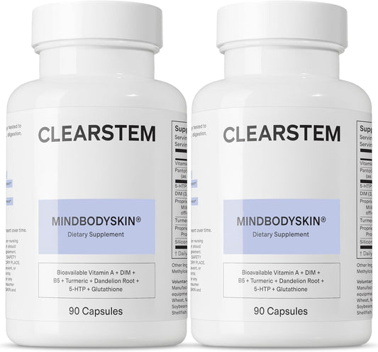 CLEARSTEM - MINDBODYSKIN Hormonal Acne Supplement (5-HTP) - Natural DIM Supplement - Skin Care Vitamins - Hormone Balance, Antioxidants - Gluten Free, Cruelty Free - 60 Servings, 180 Capsules