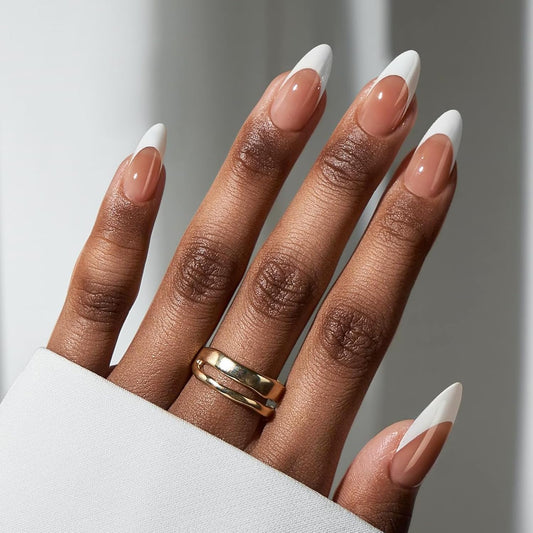 BTArtbox French Tip Press On Nails - Medium Press On Nails Almond, Natural Fake Nail with Nail Glue, Brown Glue On Nails in 15 Sizes - 30 Fake Nails Kit, Capable