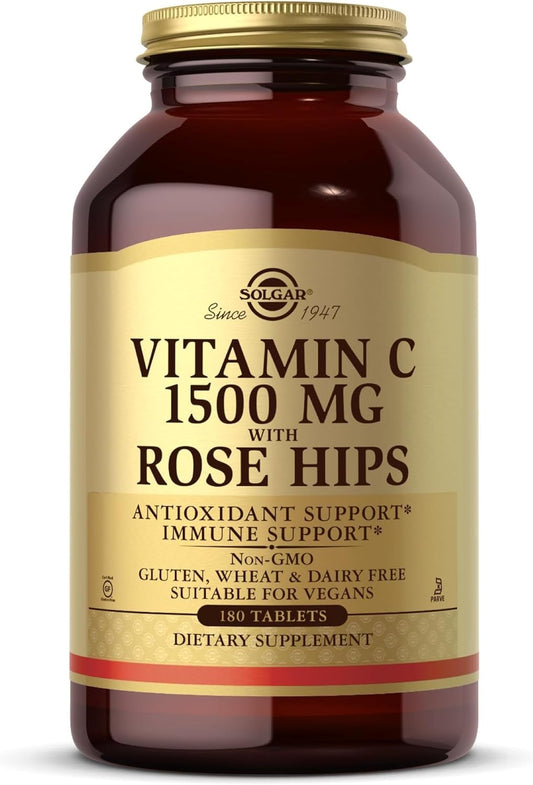 Solgar Vitamin C 1500 mg with Rose Hips, 180 Tablets - Antioxidant & Immune Support - Overall Health - Supports Healthy Skin & Joints - Non GMO, Vegan, Gluten Free, Dairy Free, Kosher - 180 Servings