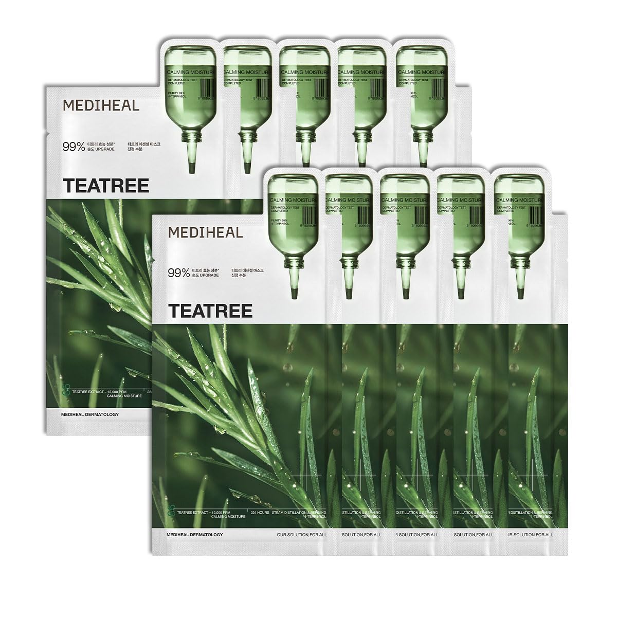 Mediheal Teatree Essential Sheet Mask Calming Moisture 10 pcs. 99% Pure Teatree & Teatree 7X for intensive soothing and hydration. Suitable for acne-prone skin. Vegan formula.