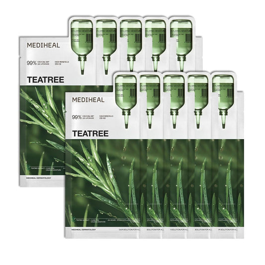 Mediheal Teatree Essential Sheet Mask Calming Moisture 10 pcs. 99% Pure Teatree & Teatree 7X for intensive soothing and hydration. Suitable for acne-prone skin. Vegan formula.